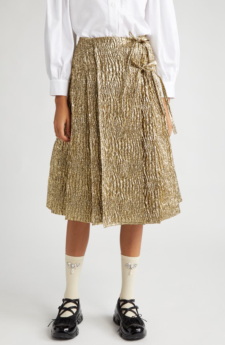 Simone Rocha Pleated Metallic Cloqué Midi Skirt with Ties, Main, color,