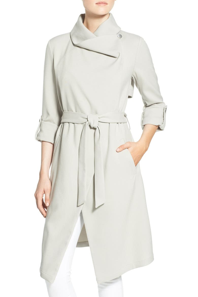 Roll Sleeve Drape Front Long Trench Coat, Alternate, color, PEBBLE