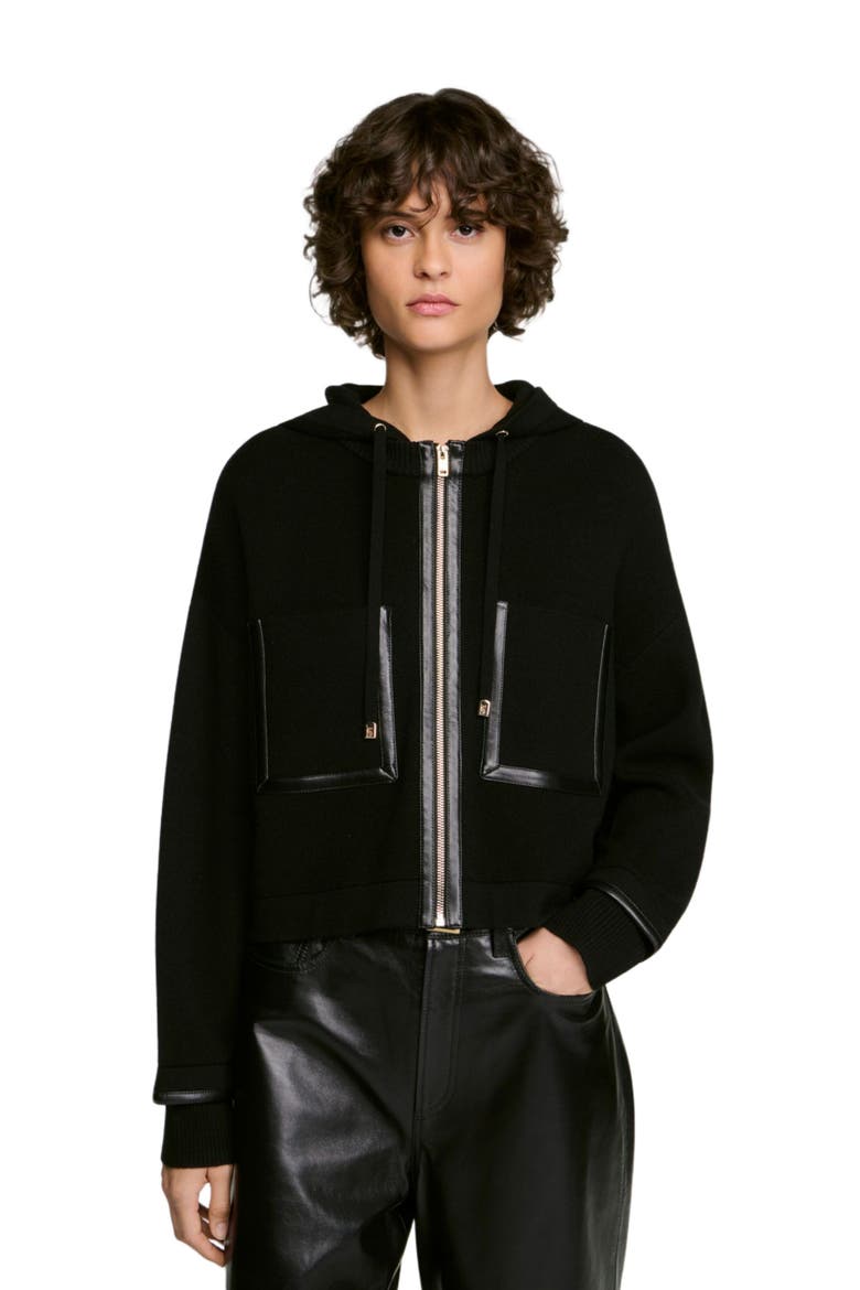 Hooded cardigan, leather details, Alternate, color, Black