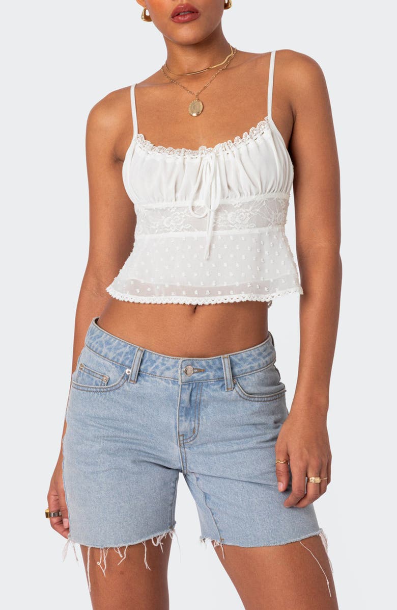 EDIKTED Wendy Tie Back Lace Crop Camisole, Main, color, White
