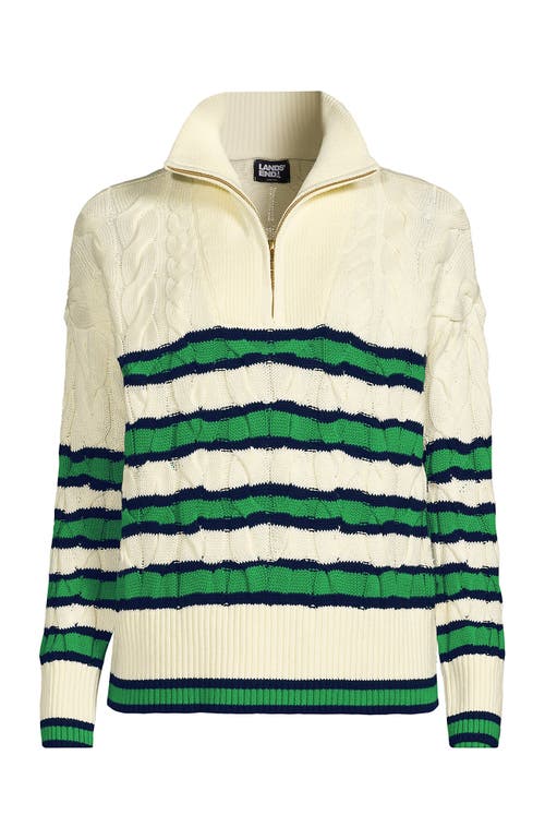 Lands' End Drifter Cotton Quarter Zip Pullover Sweater In Fresh Ivory/navy Clover Stripe