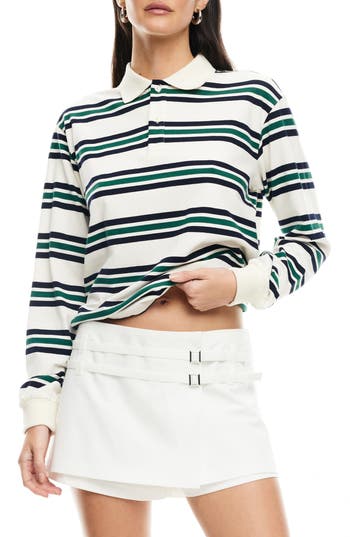 LIONESS LIONESS LEISURE STRIPE LONG SLEEVE COTTON POLO SHIRT 