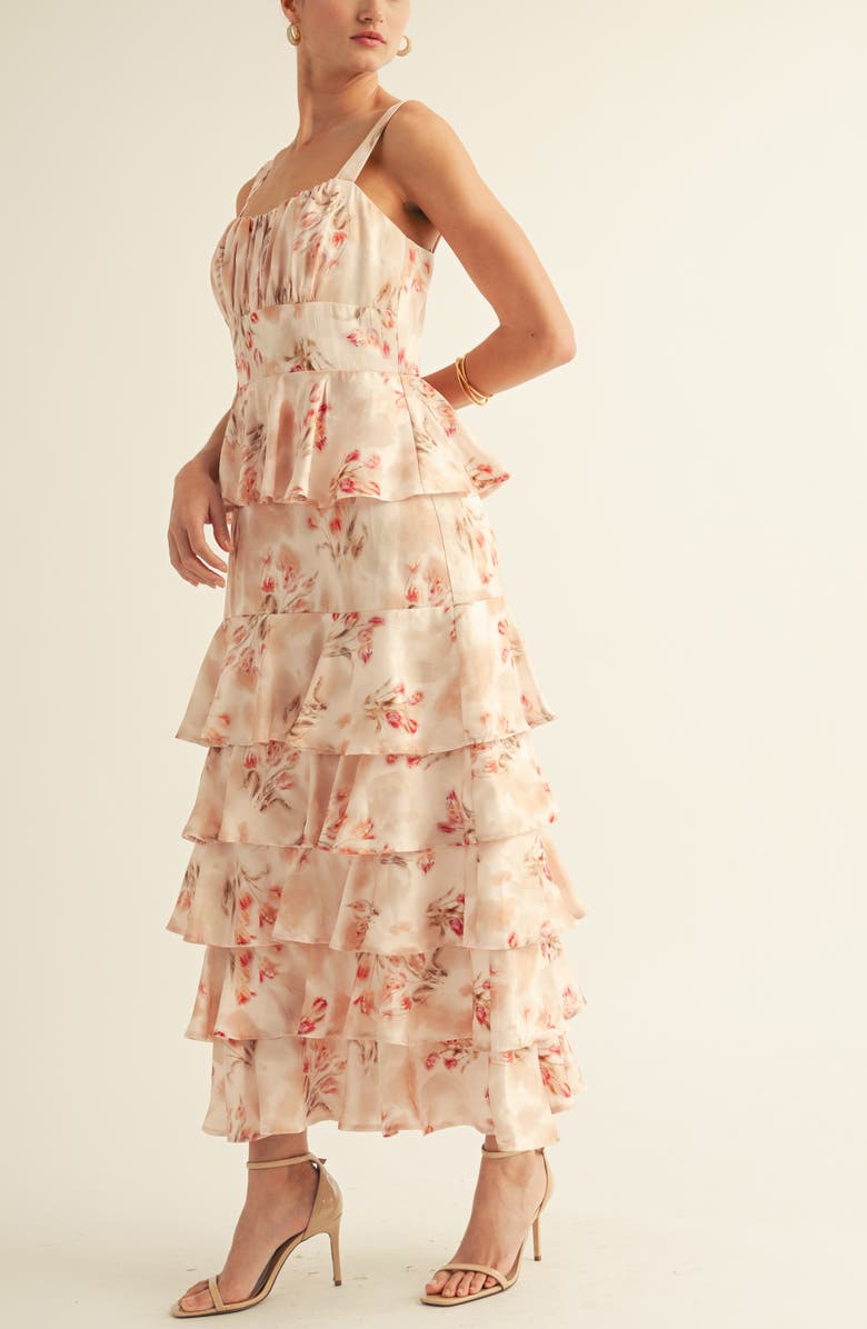 Arose Studio Blossom Print Sleeveless Tiered Gown, Alternate, color, Soft Pink