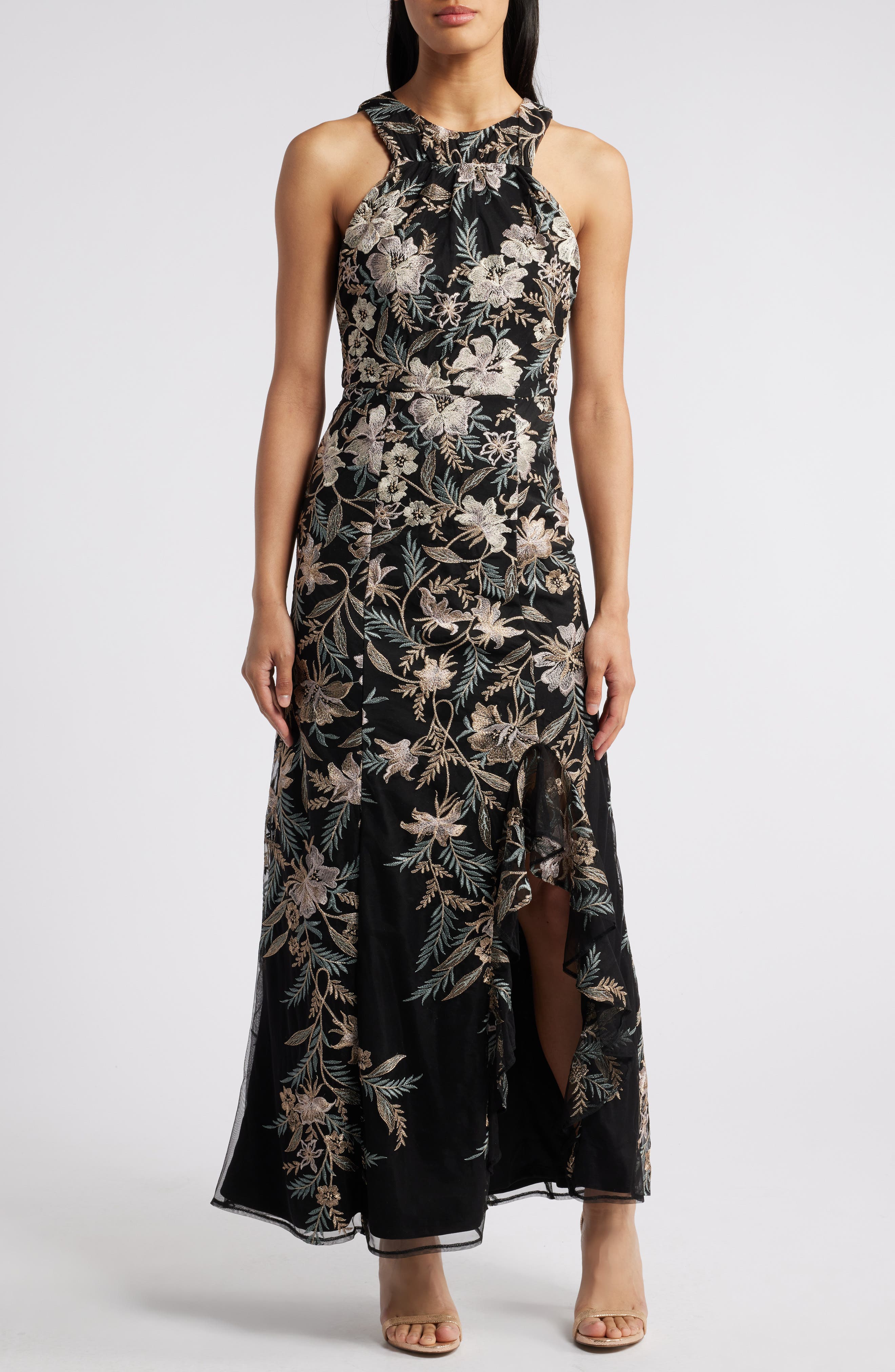 Maggy London Floral Embroidered Mesh Gown