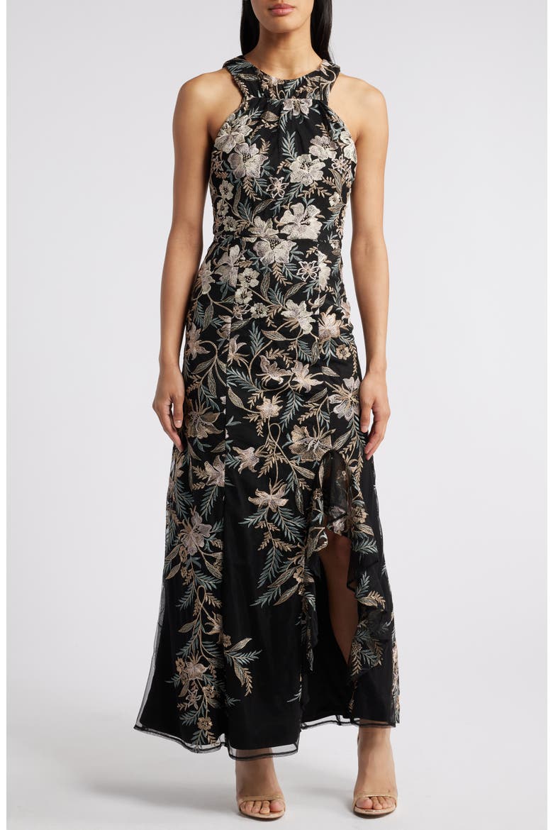 Floral Embroidered Mesh Gown, Main, color, BLACK/ MAUVE/ GOLD