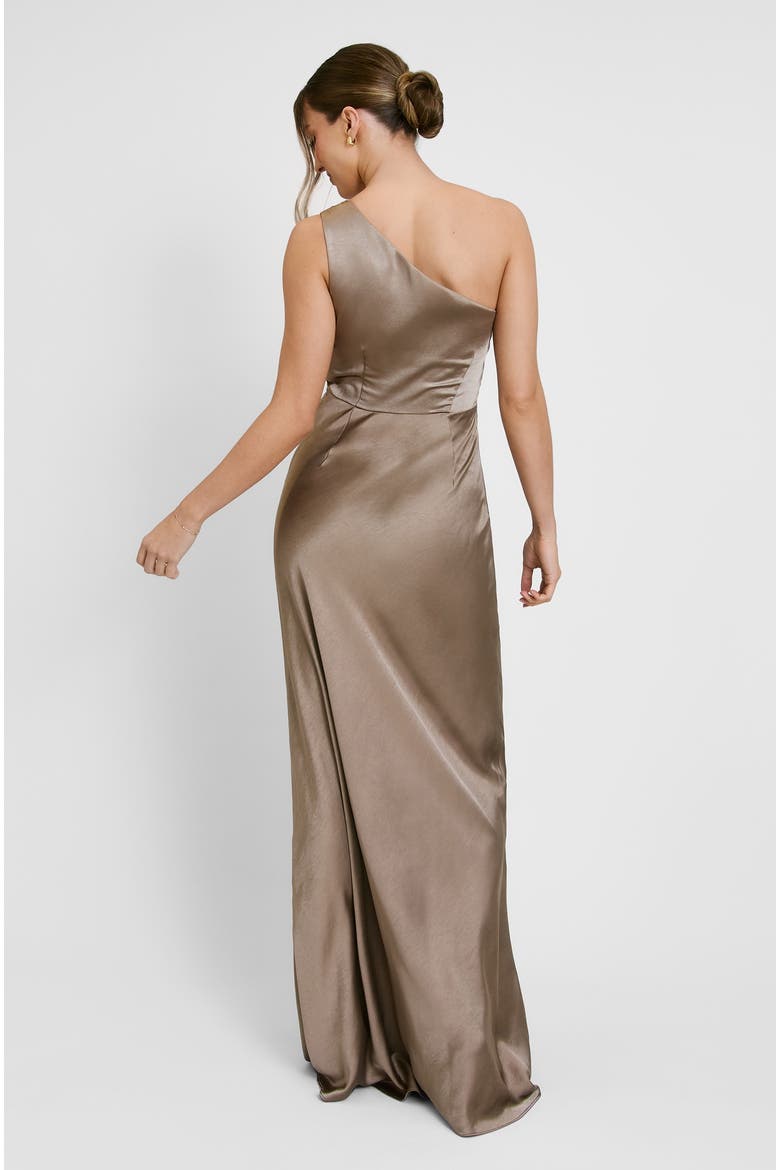One Shoulder Gathered Bridesmaid Dress, Alternate, color, Truffle