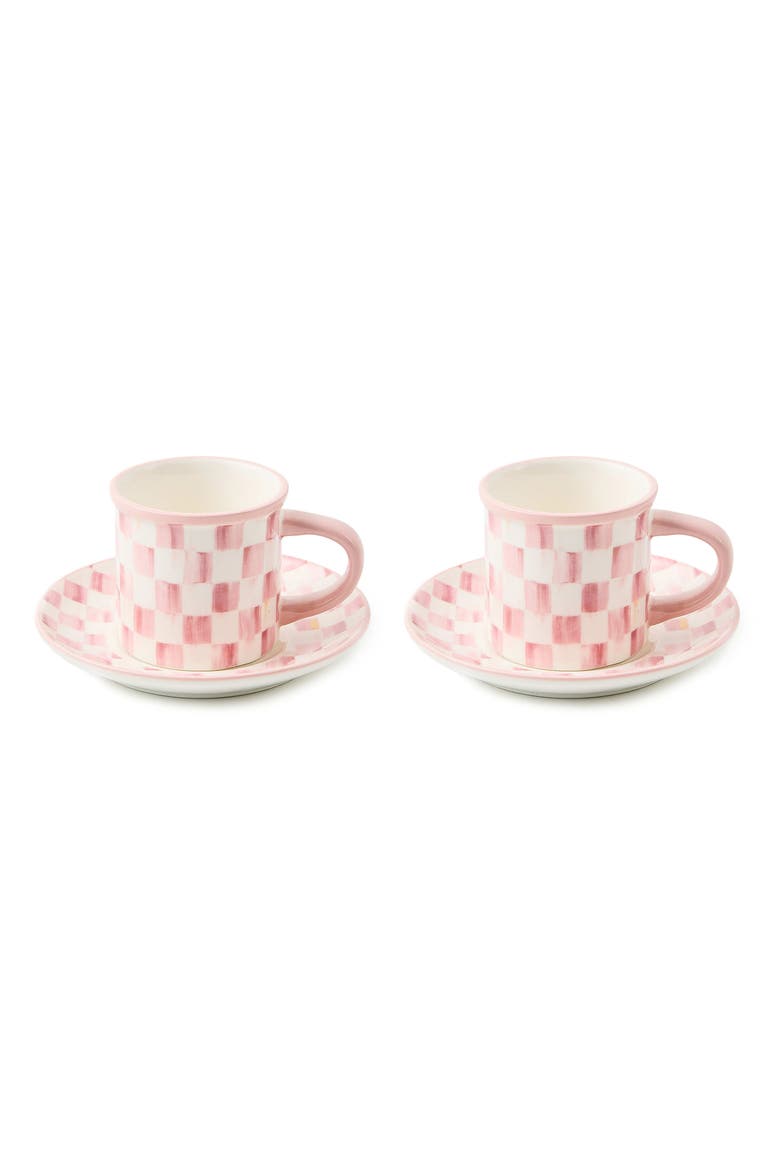 Rosy Check Set of 2 Espresso Cups & Saucers, Main, color, ROSY