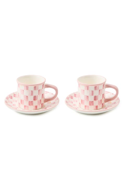 Rosy Check Set of 2 Espresso Cups & Saucers