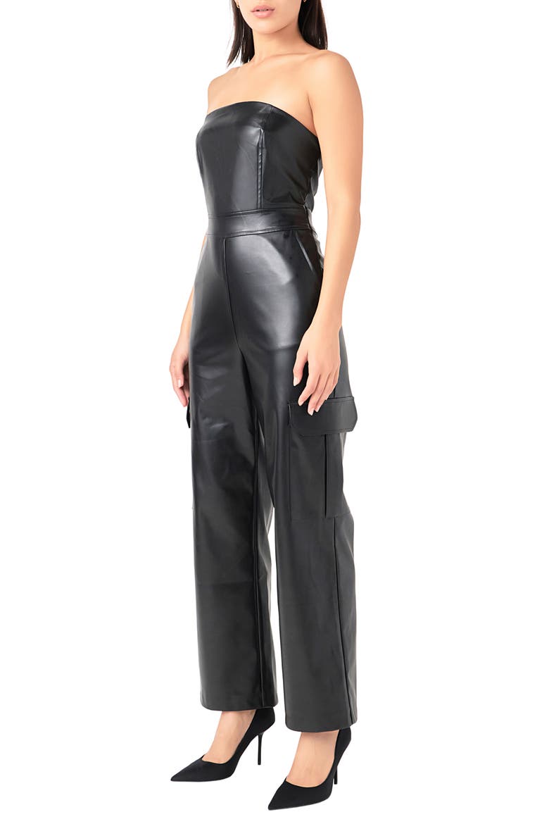 Faux Leather Strapless Cargo Jumpsuit, Alternate, color, BLACK