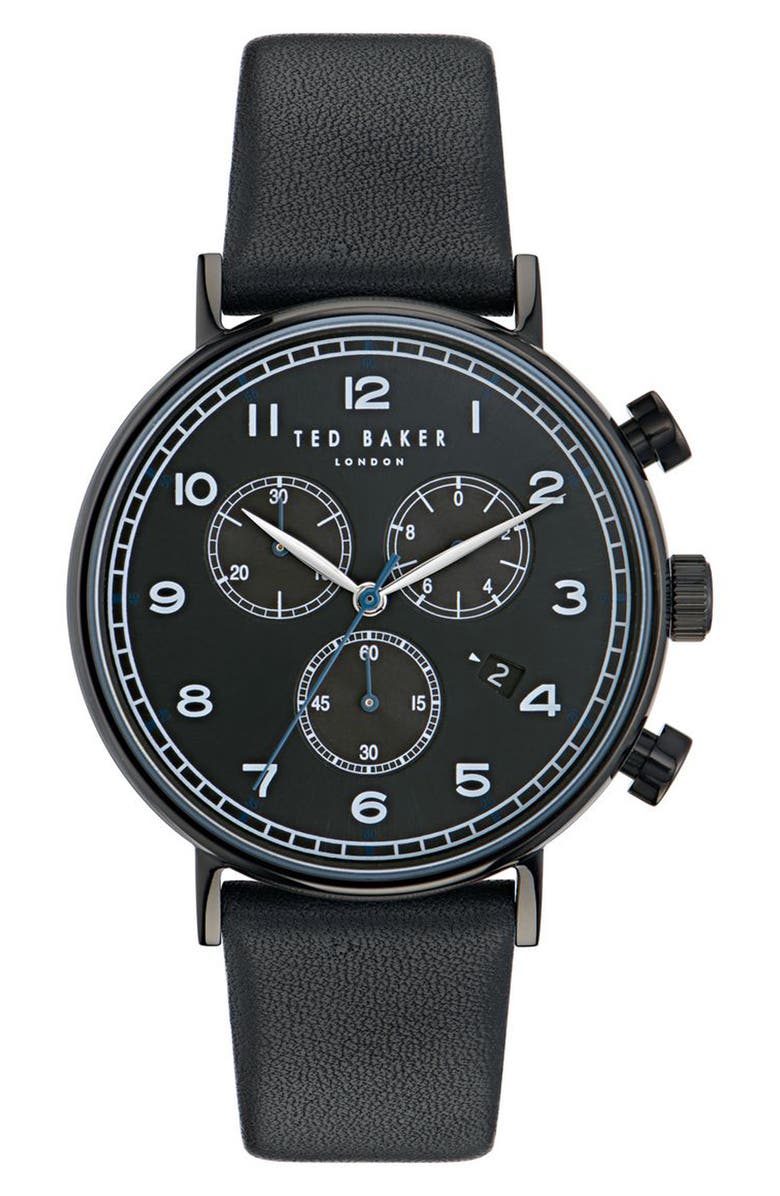 Ted Baker Barnetb Chronograph Leather Strap Watch, 41mm, Main, color, Black