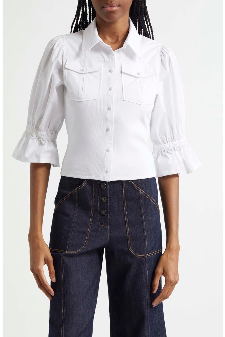 Lyric Mixed Media Stretch Cotton Button-Up Shirt, Main, color, WHITE