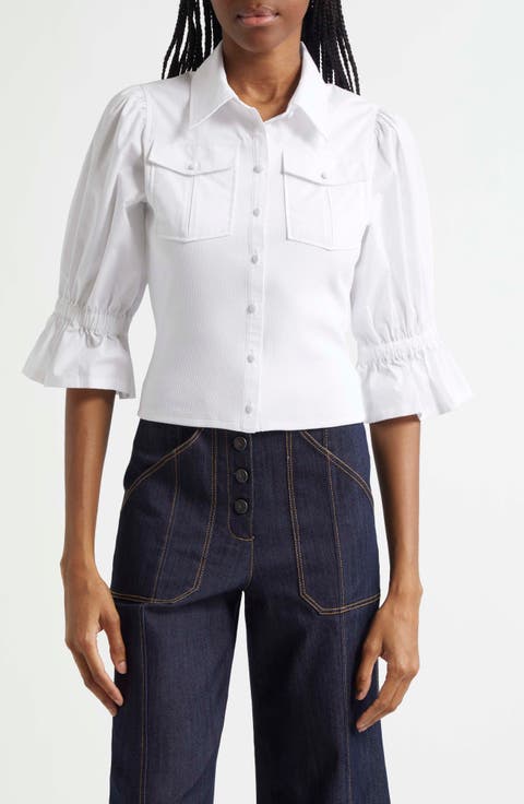 Lyric Mixed Media Stretch Cotton Button-Up Shirt
