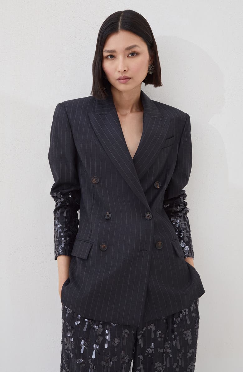 Brunello Cucinelli Blazer with swing drops embroidery, Alternate, color, Lignite Grey