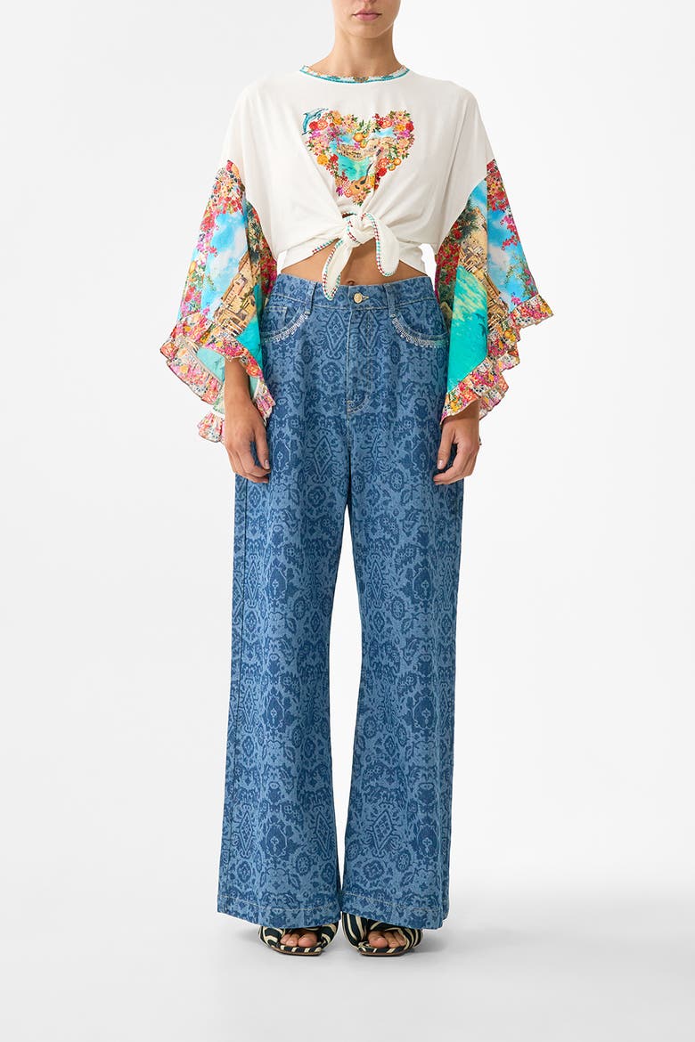 Tie Front Ruffle Sleeve T-Shirt, Main, color, Meet Me In Mallorca