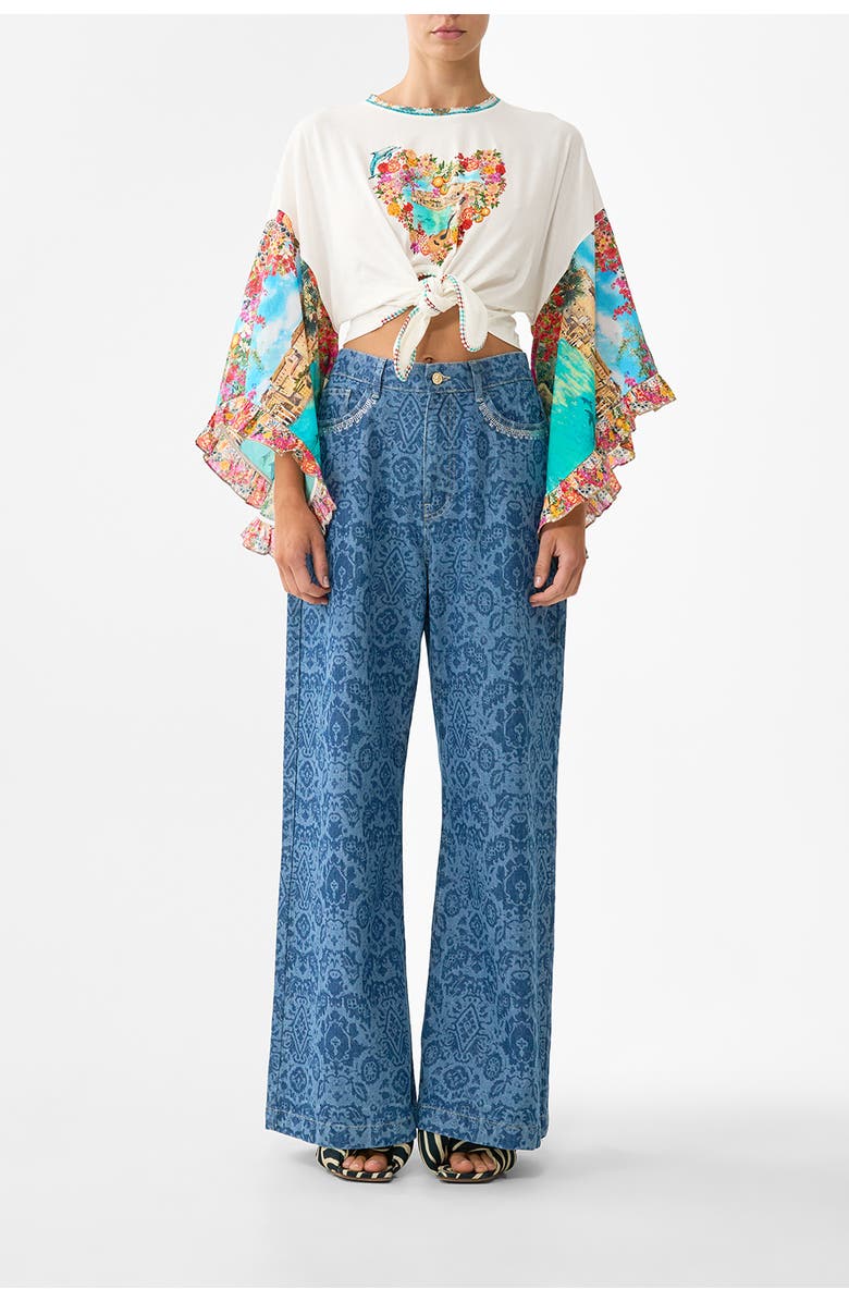 Camilla Tie Front Ruffle Sleeve T-Shirt, Main, color, Meet Me In Mallorca