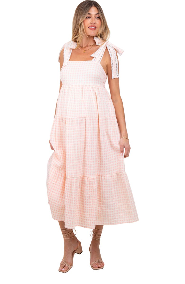 PinkBlush Gingham Lace Trim Shoulder Tie Maxi Dress, Alternate, color, Light Pink