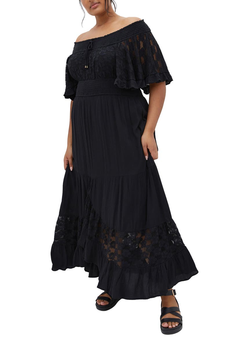 City Chic Spellbound Off the Shoulder Lace Maxi Dress, Main, color, Black