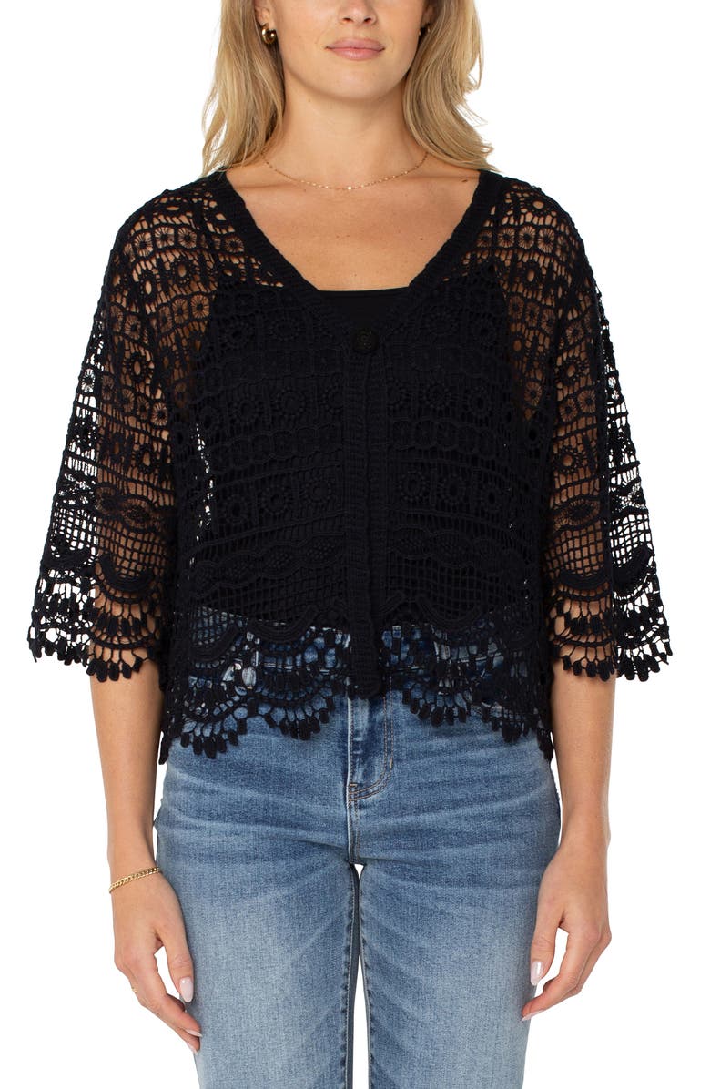 Liverpool Los Angeles Short Sleeve Lace Cardigan, Alternate, color, 