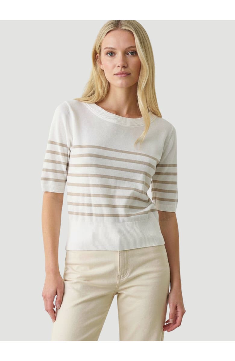 Majestic Filatures Stretch Linen Stripe Knit Three Quarter Sleeve Boatneck, Main, color, Desert