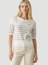 Majestic Filatures Stretch Linen Stripe Knit Three Quarter Sleeve Boatneck