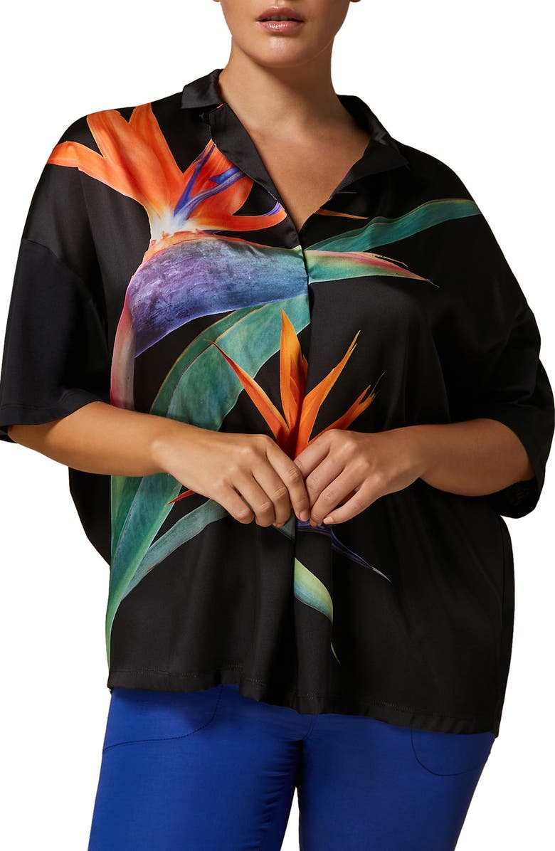 Marina Rinaldi Teglia Floral Satin & Jersey Camp Shirt, Main, color,