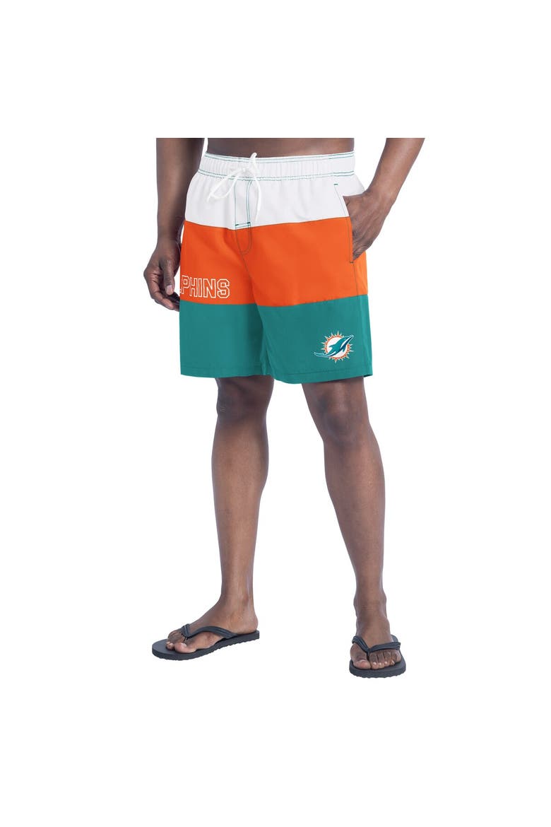 Men's G-III Sports by Carl Banks  Aqua/Orange Miami Dolphins Sunrise Volley Swim Shorts, Main, color, Aqua