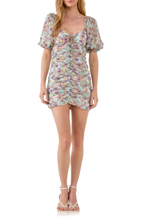 Floral Ruched Puff Sleeve Minidress