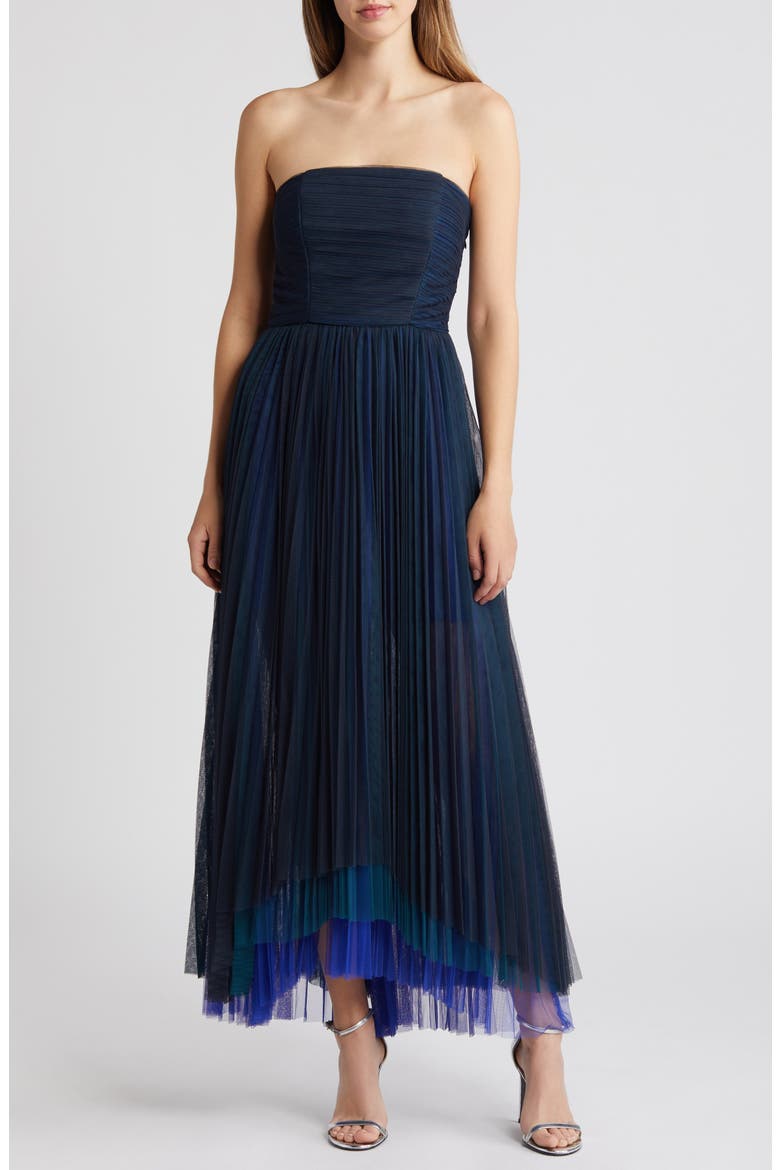 Smocked Strapless Tulle Cocktail Dress, Main, color, NAVY COMBO
