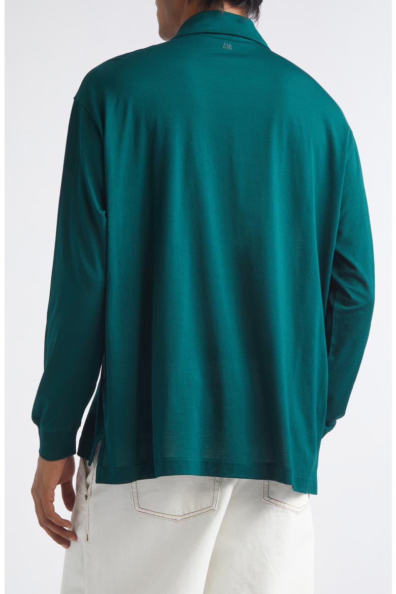 Ami de Coeur Embroidered Long Sleeve Cotton Polo, Alternate, color, VERT SAPIN/ BLANC CREME