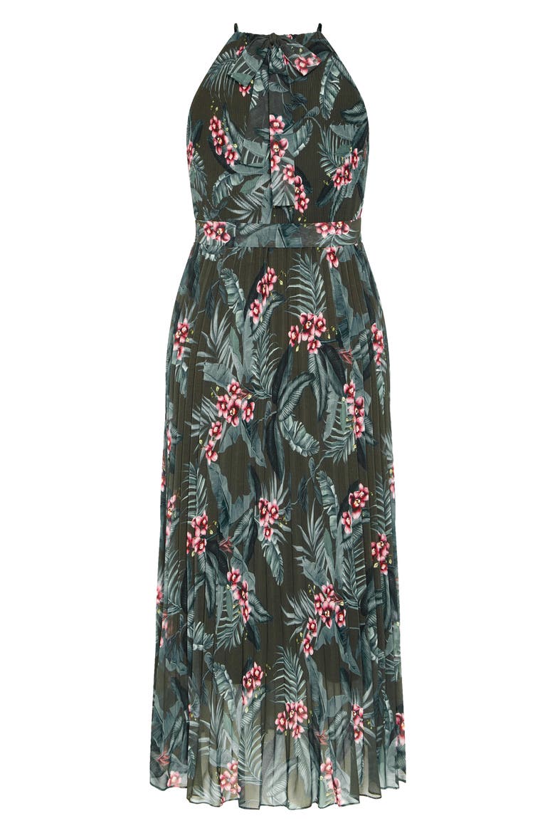Rebecca Orchid Print Halter Neck Pleated Chiffon Maxi Dress, Alternate, color, JUNGLE MAYA ORCHID