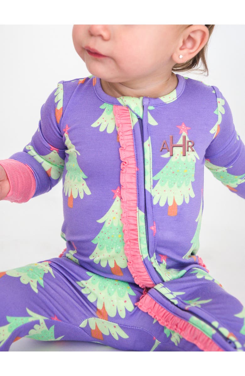 RuffleButts Baby Girls SoftSnooze Convertible Ruffle One Piece Pajama, Alternate, color, Purple Twinkling Trees