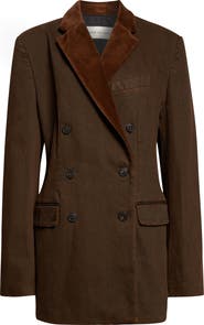 Dries Van Noten Bafya Velvet Trim Double Breasted Denim Blazer