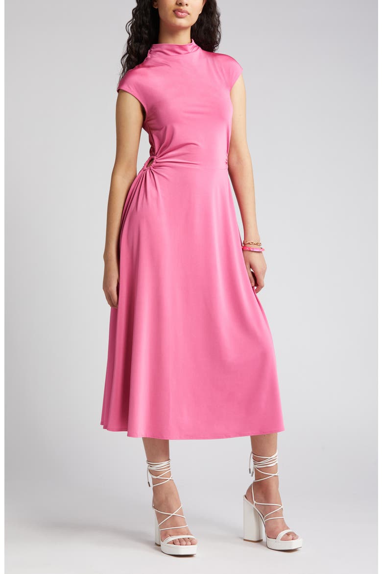 Ring Detail A-Line Midi Dress, Alternate, color, PINK IBIS