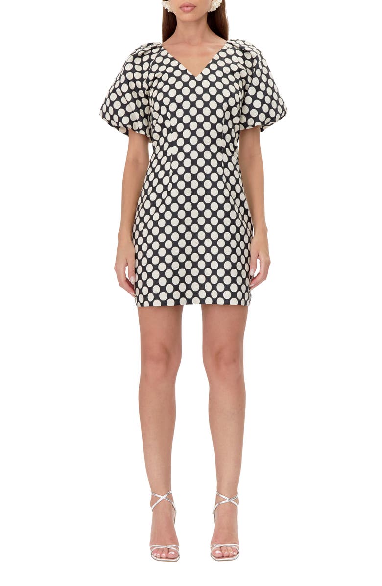 Adelyn Rae Willow Puff Sleeve Dot Jacquard Sheath Dress, Alternate, color, Black