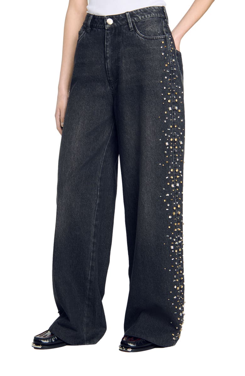 SANDRO Wide-leg rhinestone jeans, Alternate, color, 