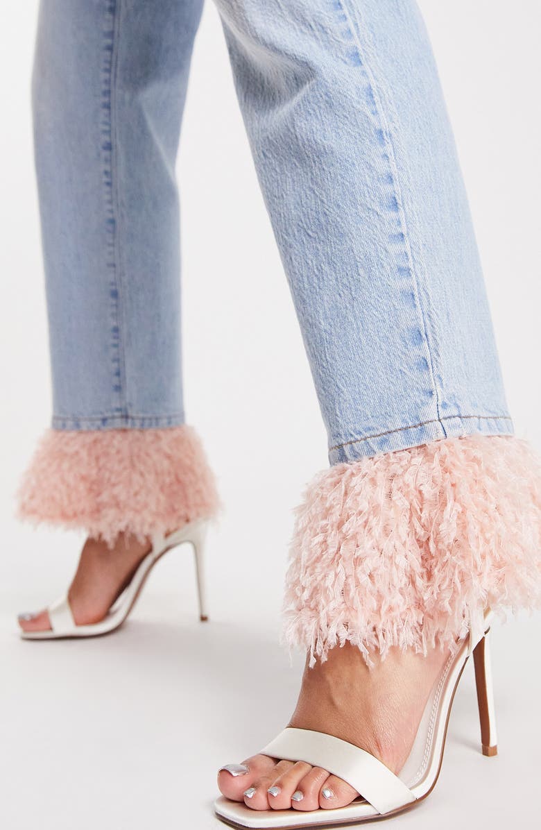 ASOS DESIGN Faux Feather Hem Straight Leg Jeans, Alternate, color, 