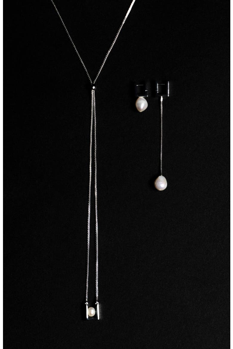 Mismatched Rectangular Pearl Drop Earrings, Alternate, color, SILVER
