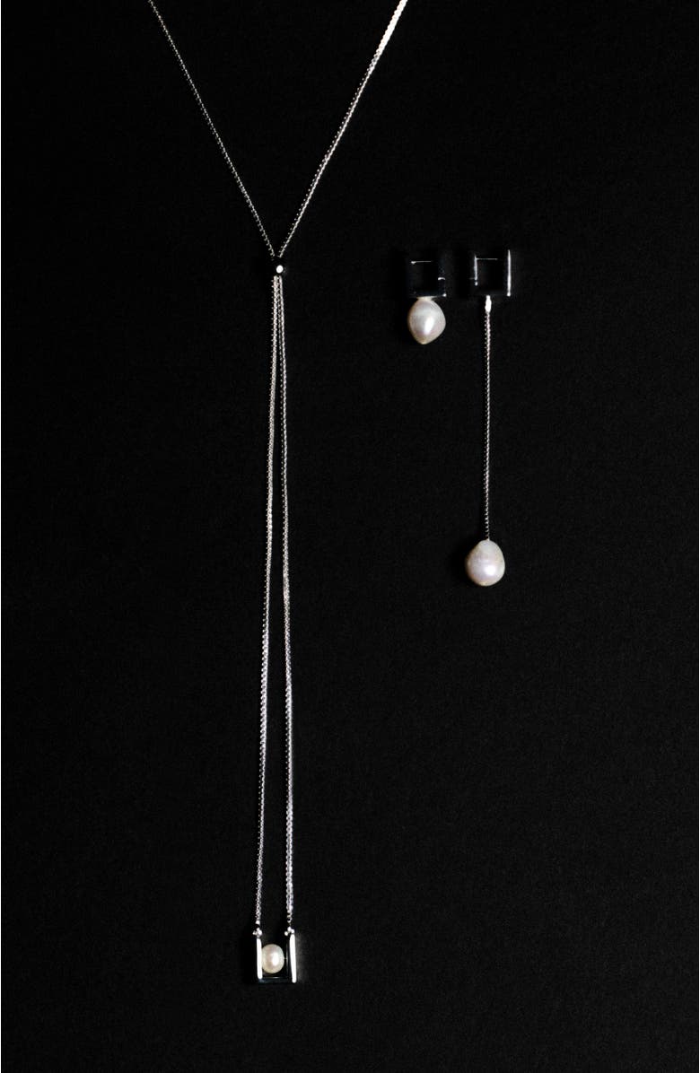 COS Mismatched Rectangular Pearl Drop Earrings, Alternate, color, Silver