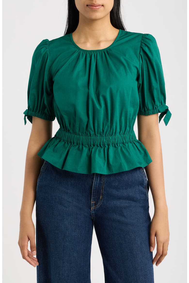 Balloon Sleeve Cotton Poplin Top, Main, color, DEEP SPRUCE