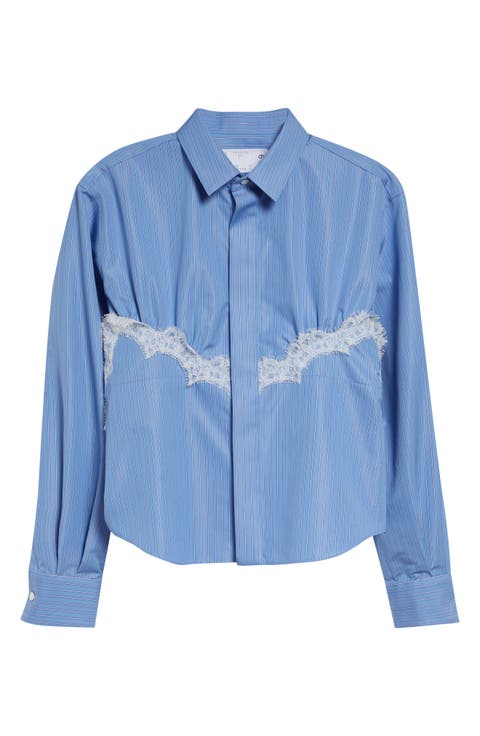 Stripe Lace Trim Poplin Button-Up Shirt