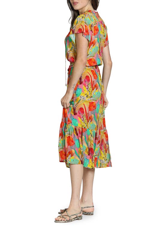 Apny Print Short Sleeve Midi Dress In Yellow/orange Multi