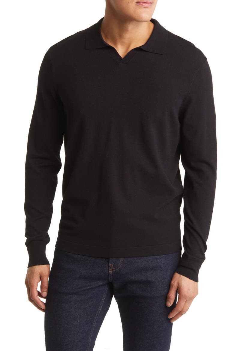 Long Sleeve Johnny Collar Polo Sweater, Main, color, BLACK