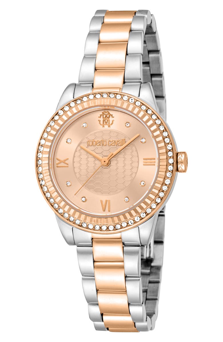 Roberto Cavalli Two-Tone Crystal Bracelet Watch, 30mm, Main, color, Two Tone Silver And Rose Gold