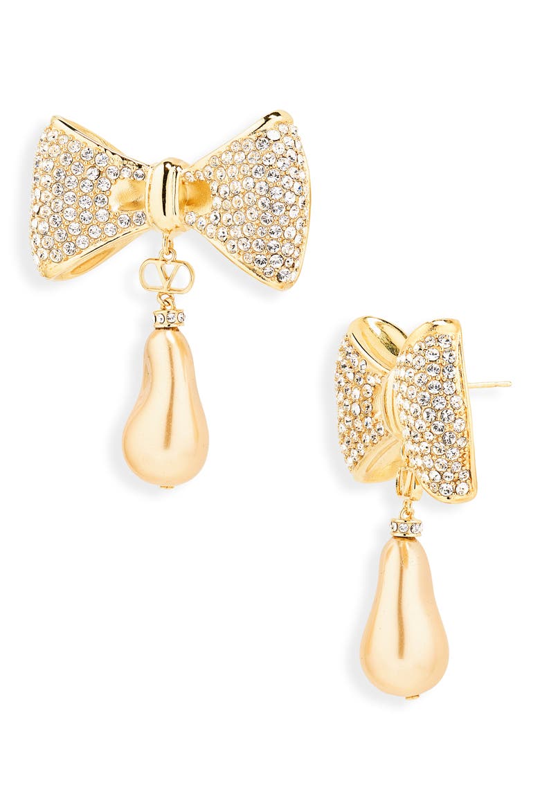San Fin Bow Faux Pearl Drop Earrings, Main, color, GOLD