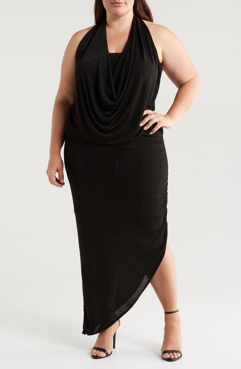 24seven Comfort Apparel Cowl Neck Asymmetric Hem Stretch Dress, Main, color, Black