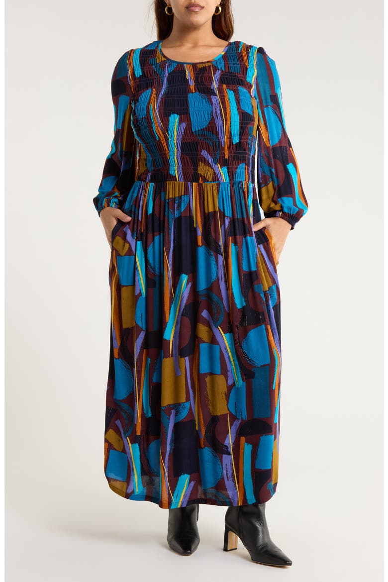 Meadowsweet Printed Smocked Midi Dress, Main, color, ZENNOR STACK DARK RYE