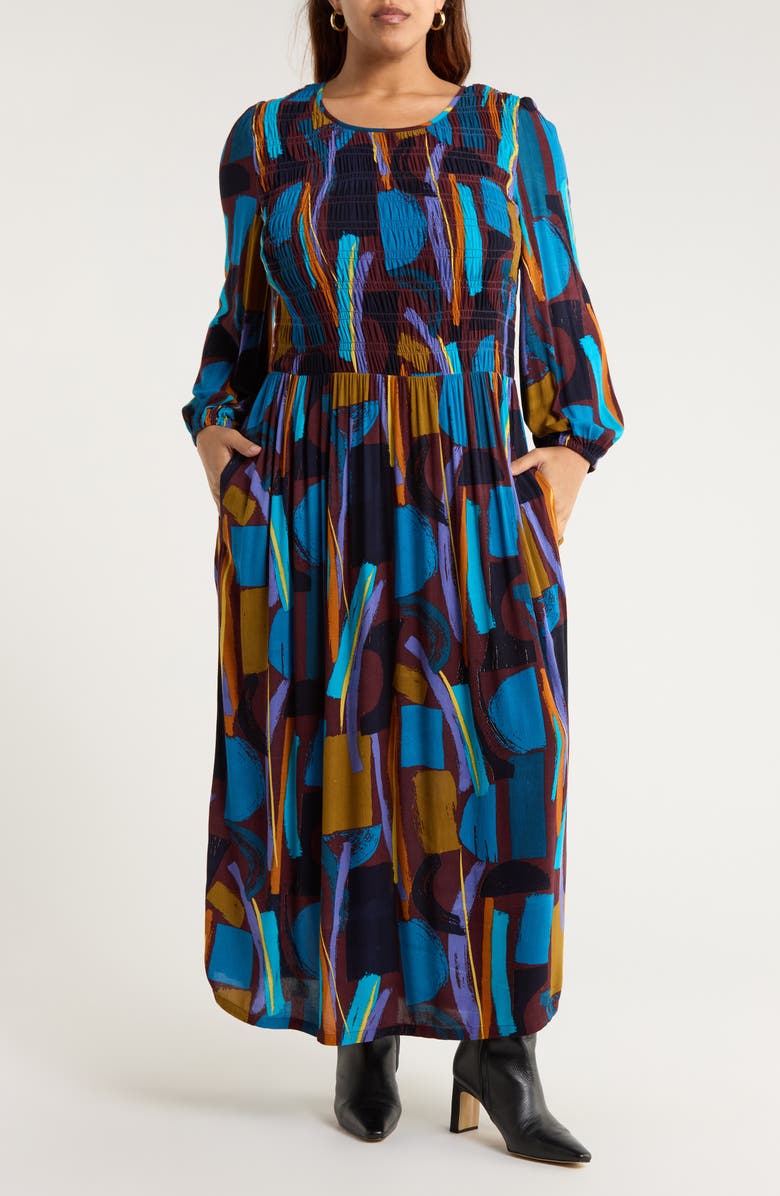 Seasalt Cornwall Meadowsweet Printed Smocked Midi Dress, Main, color, Zennor Stack Dark Rye