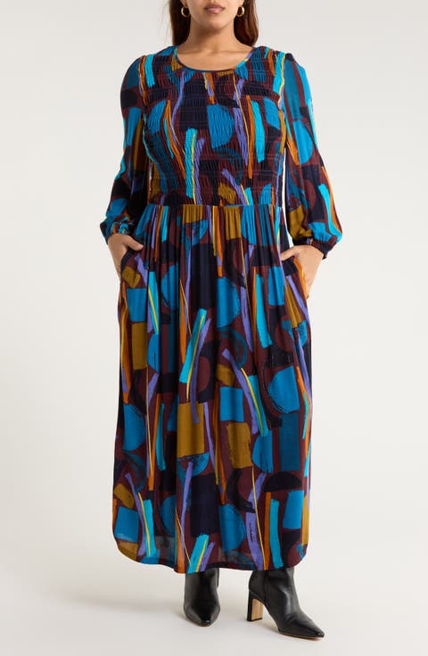 Meadowsweet Printed Smocked Midi Dress (Plus)