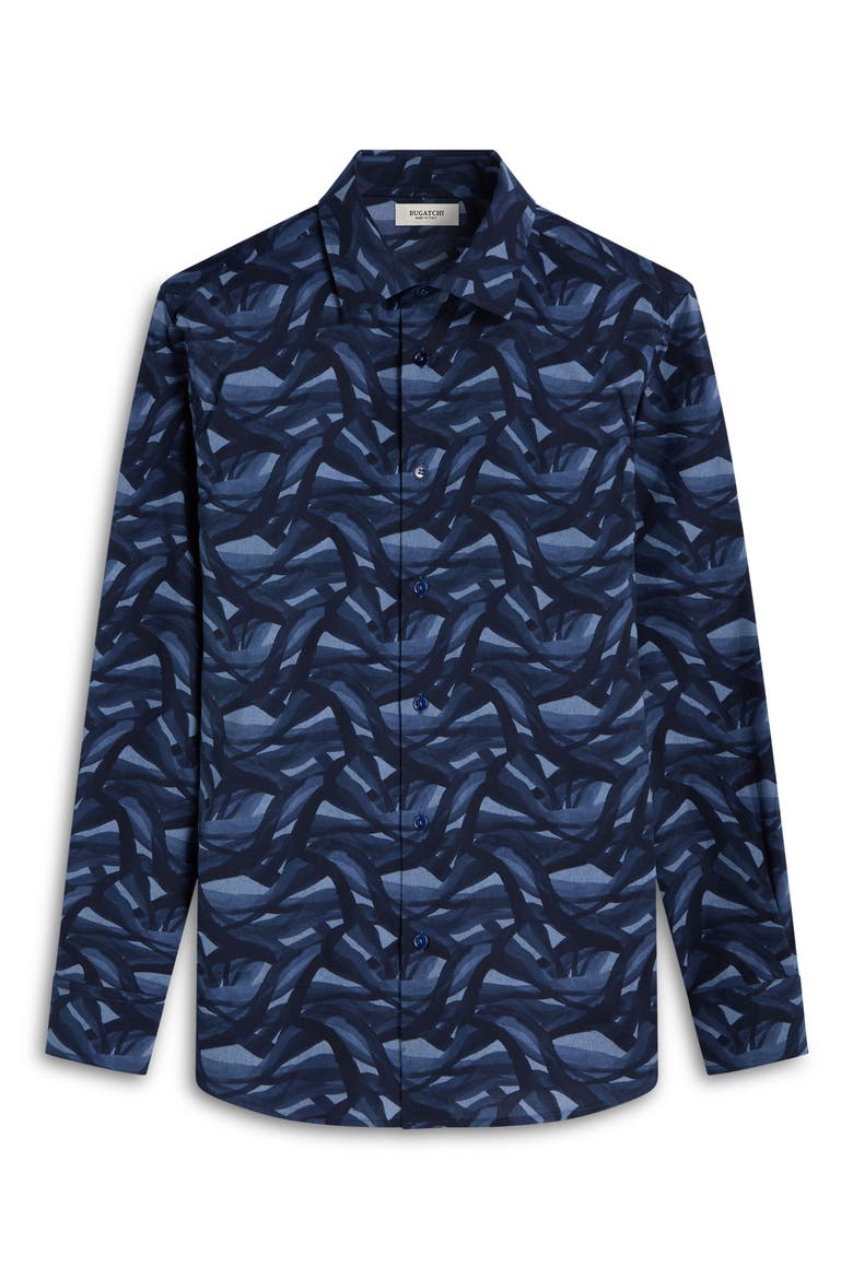 Julian Shaped Fit Abstract Wave Print Stretch Cotton Button-Up Shirt, Alternate, color, NAVY