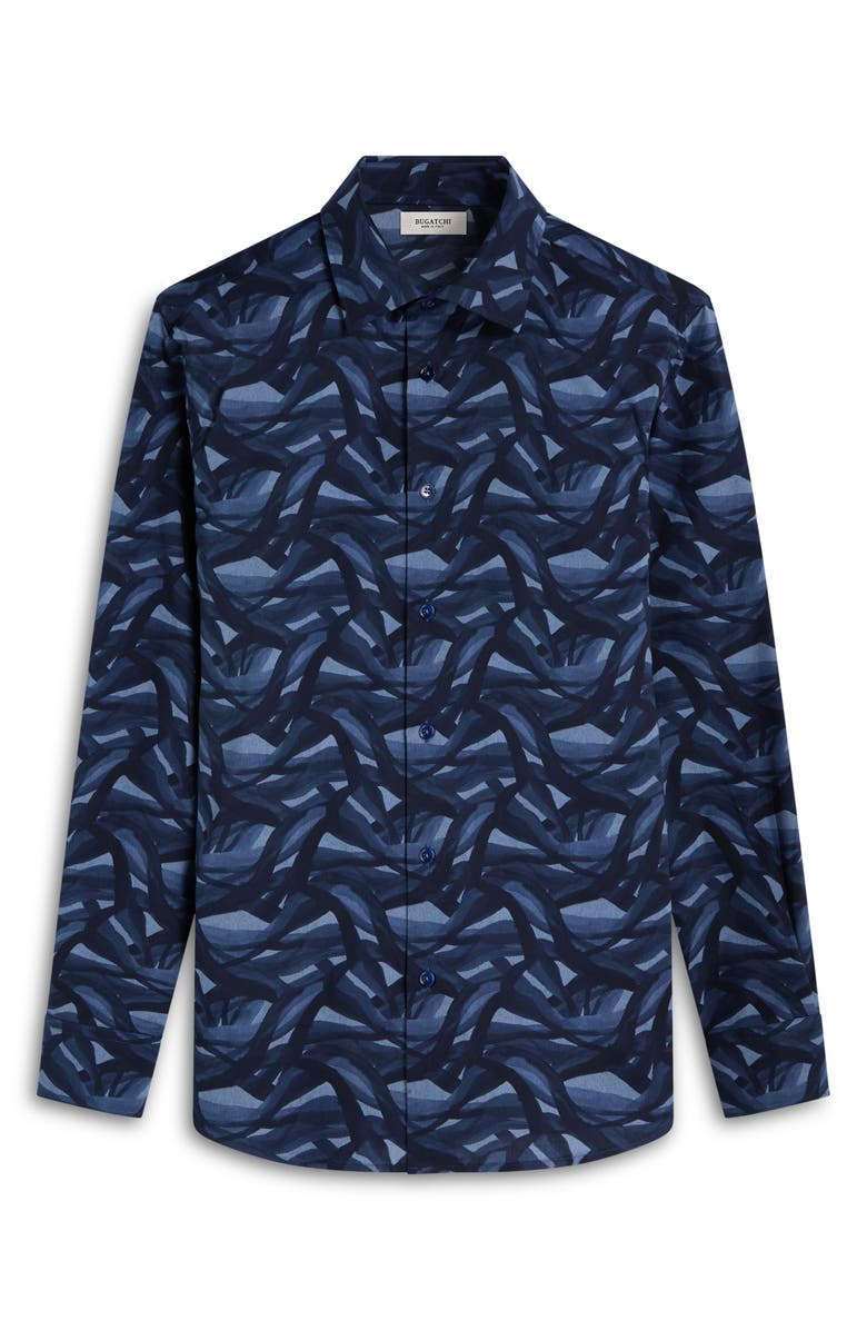 Bugatchi Julian Shaped Fit Abstract Wave Print Stretch Cotton Button-Up Shirt, Alternate, color, Navy